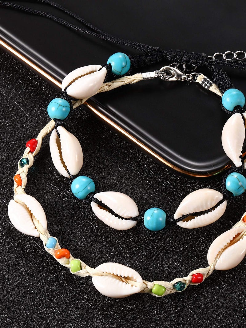 meekoo 4 Pcs Galentines Day Natural Cowrie Shell Ankle Bracelets Seashell Crochet Ankle Bracelet Handmade Boho Anklet Jewelry Adjustable Shell Bead Anklet for Women Hawaii Beach Parties(Style B) - Image 3